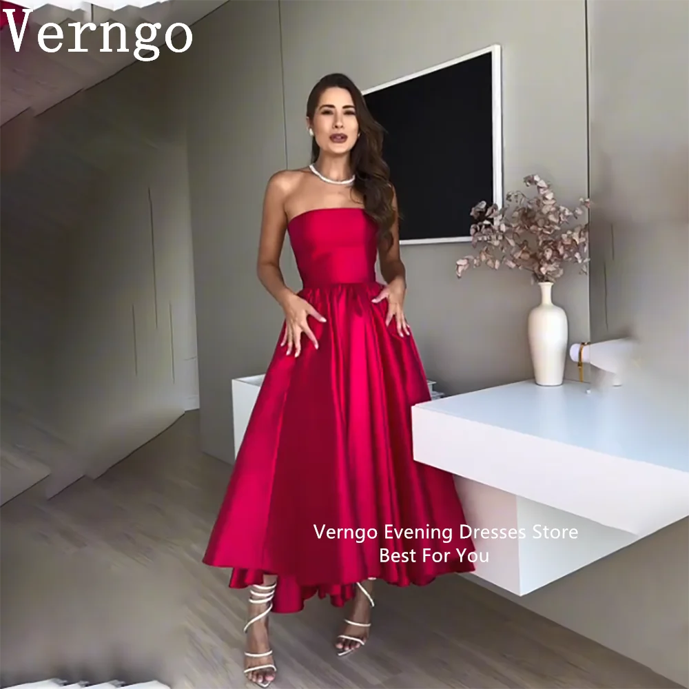 

Verngo Red Satin Prom Gown Strapless A Line Party Dresses For Women Simple Formal Occasion Dress Prom Dress 2024