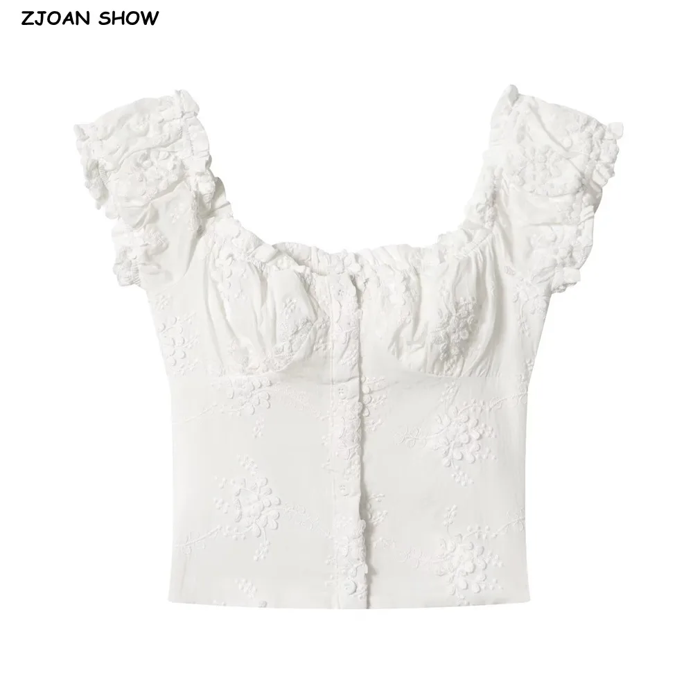 CHIC White Embroidery 3D Flower Ruched Chest Wood ears Short Sleeve Shirt Women Center Open Button Elastic Back Slim Crop Tops