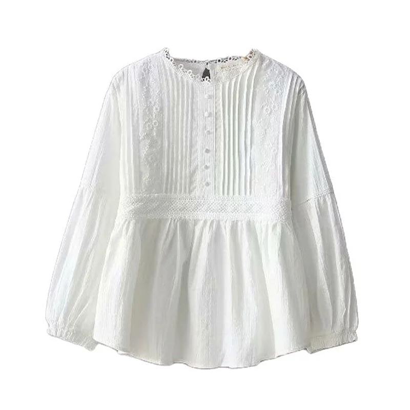 New Autumn Cotton White Shirts Women Solid Tops Girl Single Breasted Lace Ruched Collar Casual Cute Doll Blouses Spring T39126QM