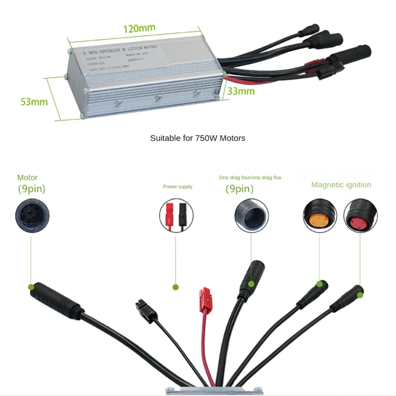 JN25A Controller Kit Electric Bicycle Ebike Controller Kit SW900 Display Sine Wave Controller 36/48V 25A 750W