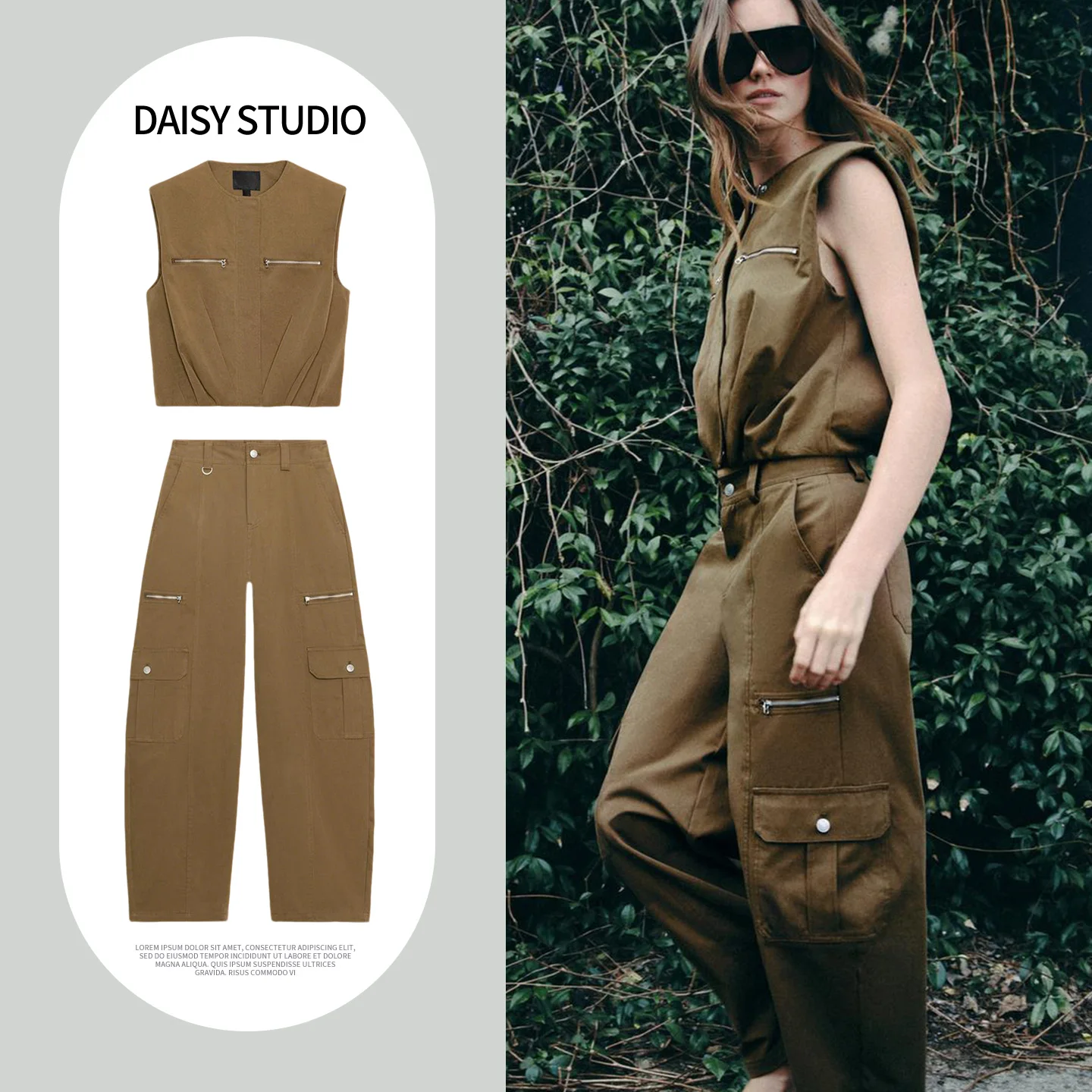 

Puffy Sleeveless High Waist Vest Women's Fashion Set Spring Season Zipper Closure round Neck Tank Top with Pocket Bucket Pants