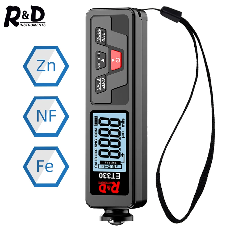 Medidor de espesor de pintura de coche R & D ET330 + Zn, electrochapa, medidor de espesor de revestimiento de Metal para coche 0-1500um, probador de