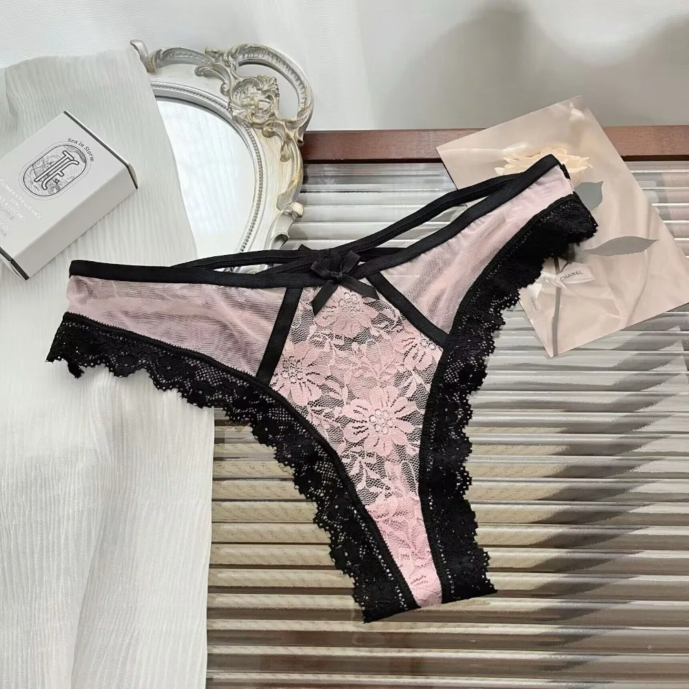 

New Lace Bow Sexy Thong Transparent Flower Embroidery Women's Lingerie Hollowed Mesh Perspective Panties Briefs