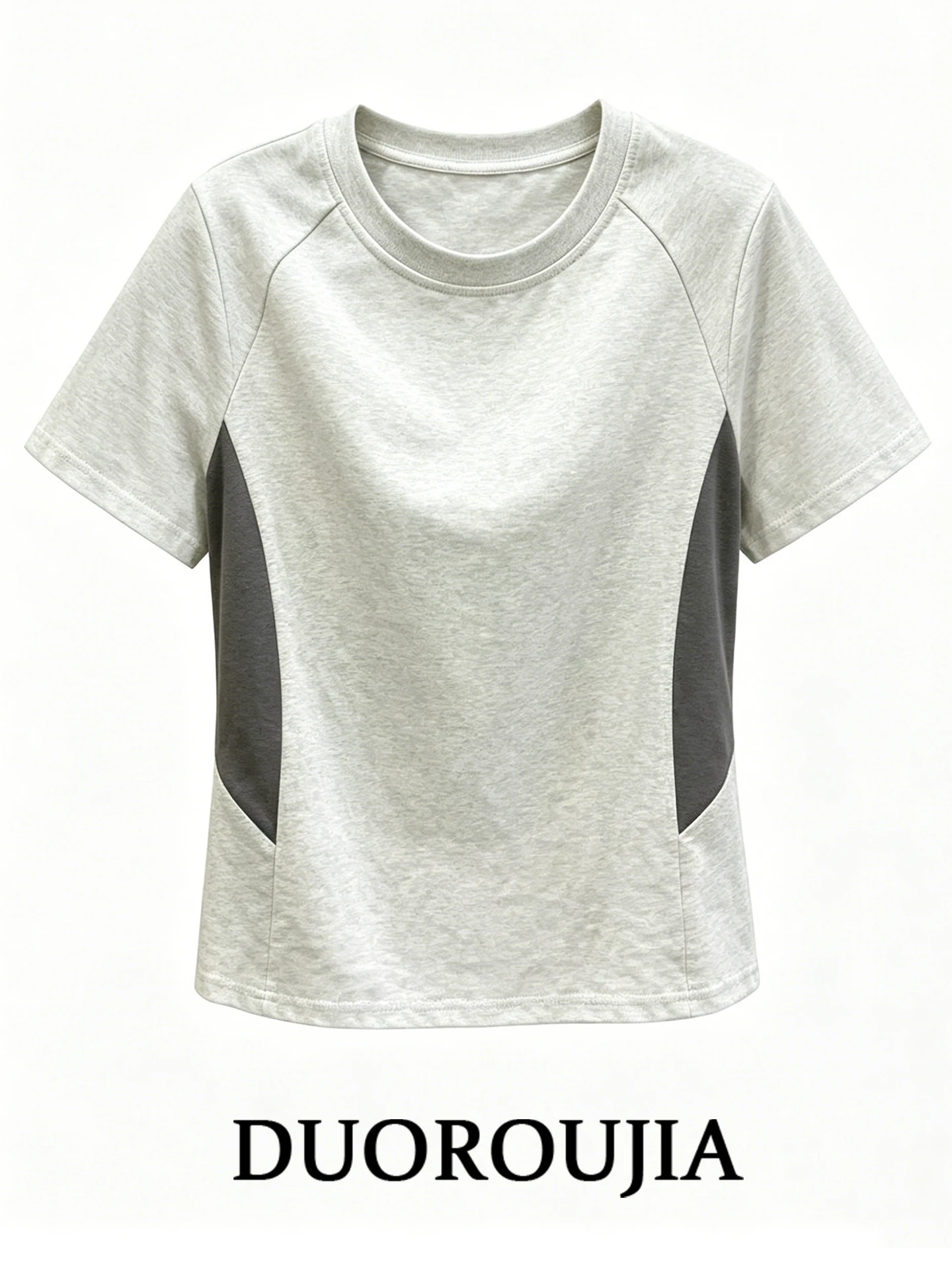 

Loose Fit Short Sleeve T-Shirt Women's plus Size Korean Style Sporty Patchwork Color Block round Neck Summer Slimming Top