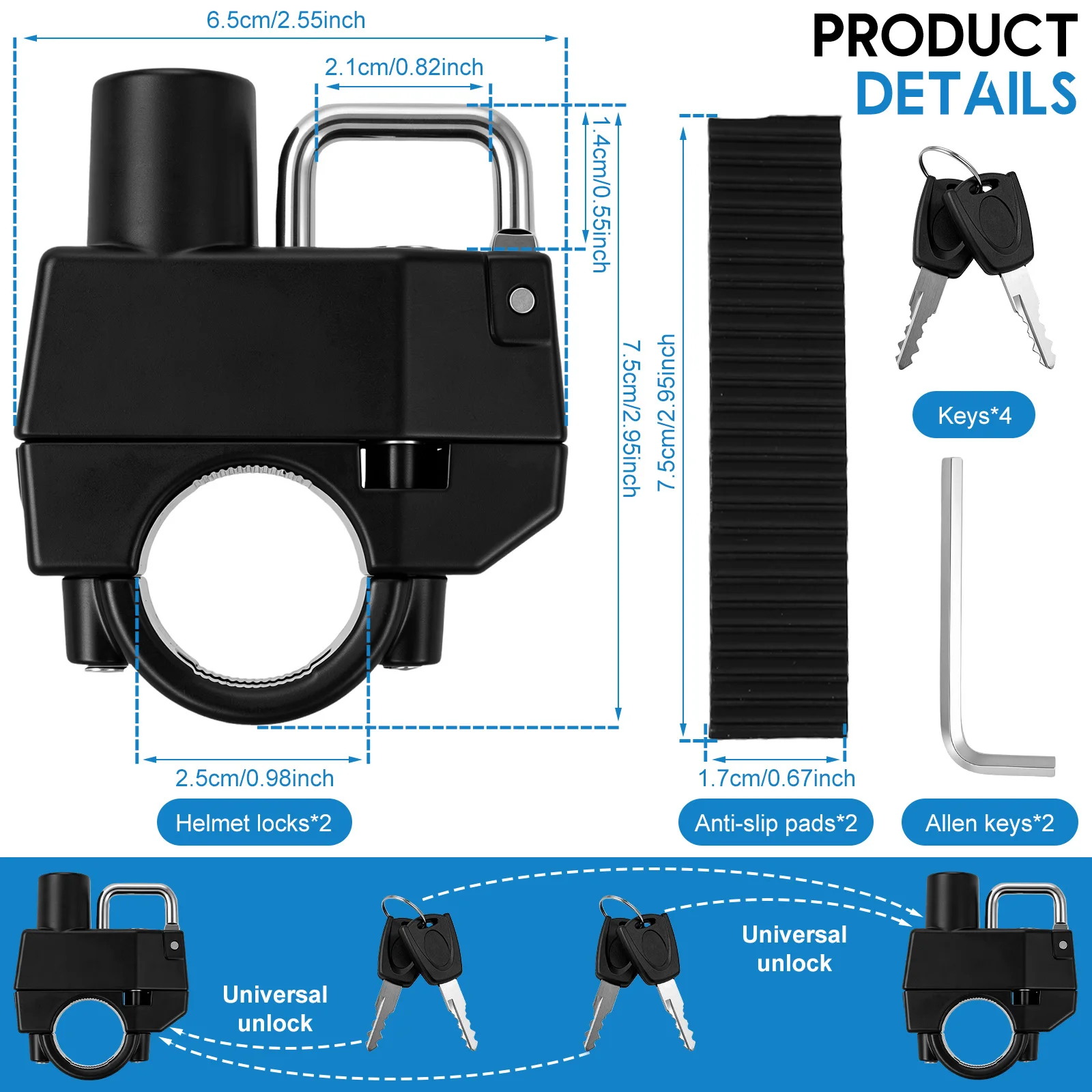 Motorcycle Helmet Lock 2 Pack Keyed Alike Universal 22mm 7 8 Inch Handlebar Security Anti Theft Clamp Hook for Scooter Cruiser