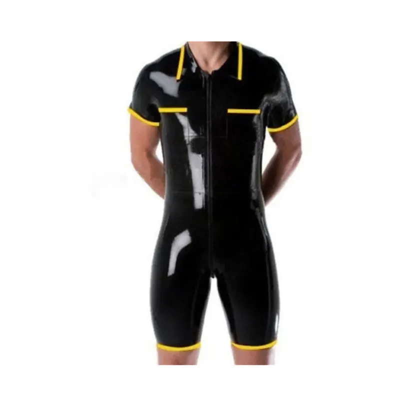 Handmade Latex Rubber Gummi Men's short-sleeved casual Latex tight fitting jumpsuit