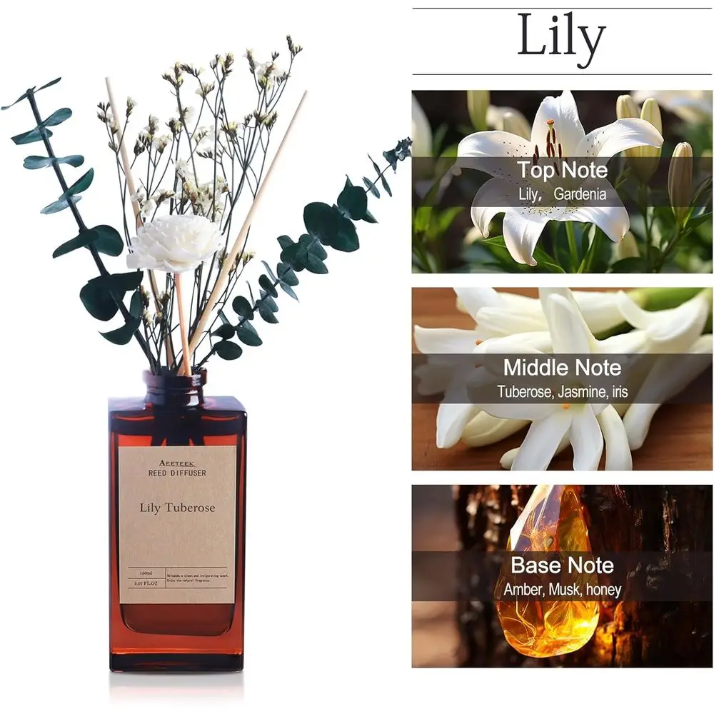 Reed Diffuser Set - Lily Tuberose Essential Oil, 5.07oz/150ml, Scents with Lower Decoration and Rattan Sticks, Home Fragrance or