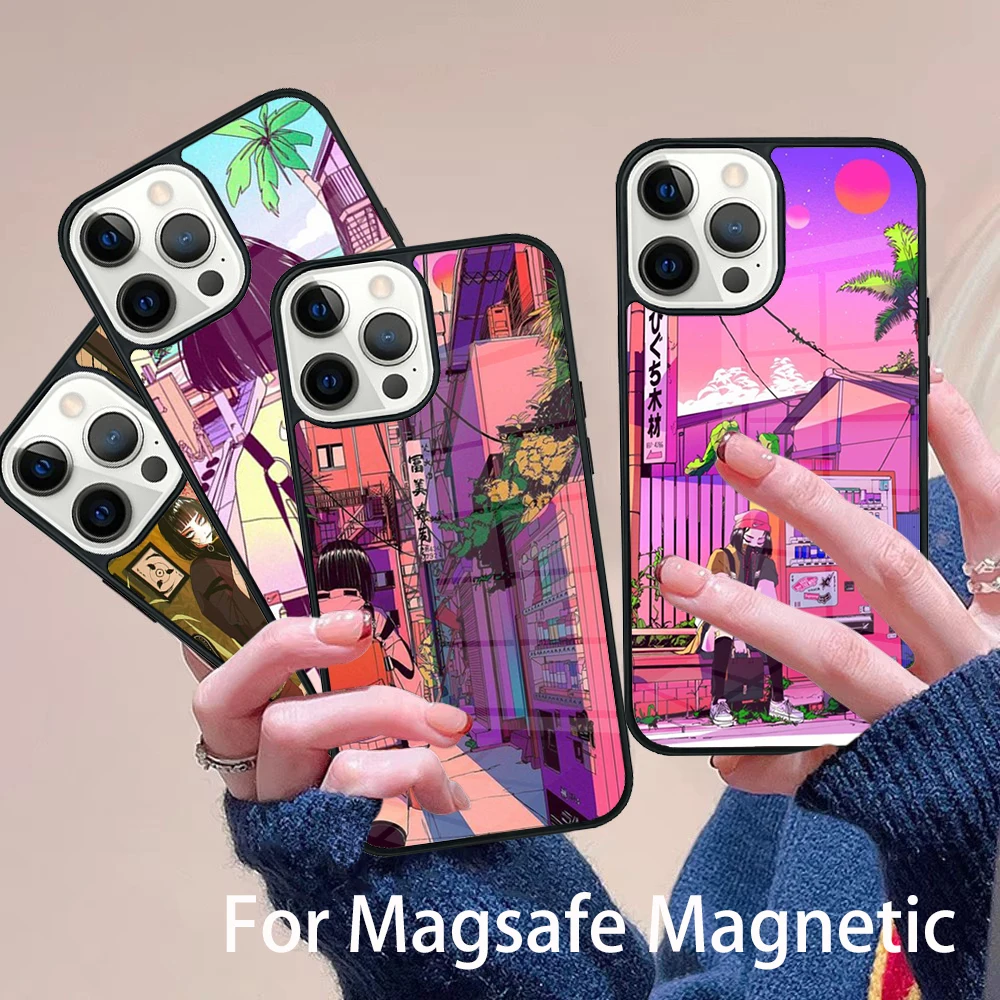 

Japanese Style Anime Phone Case Magesafe Magnetic Wireless Charge Cover For IPhone 16 11 12 13 14 15 Pro Max Plus