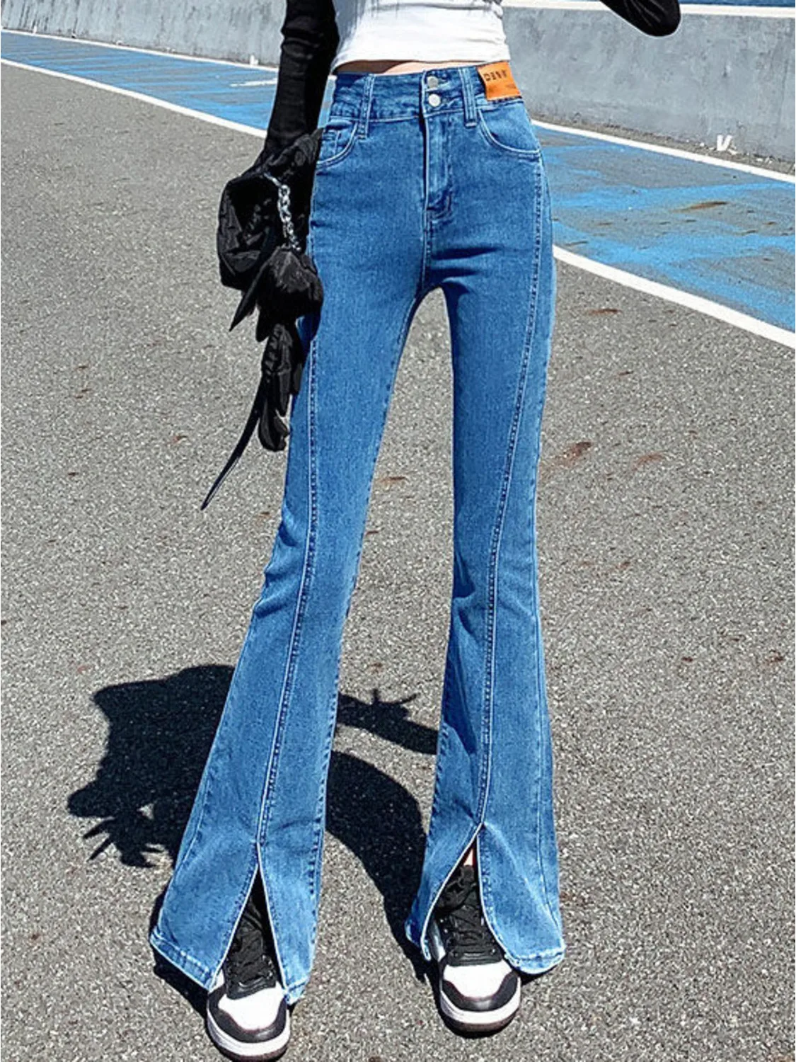 2026 Summer High Waist Flared Jeans for Women Front Split Hem Stretch Denim Bell Bottom Pants Vintage Washed Bootcut Trousers