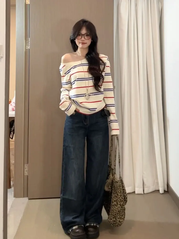슬림핏 스트라이프 롱 슬리브 티셔츠 여성용 오버헤드 숄더 디자인 가을 아우터 캐주얼 라운드 넥 빈티지 슬리브 탑