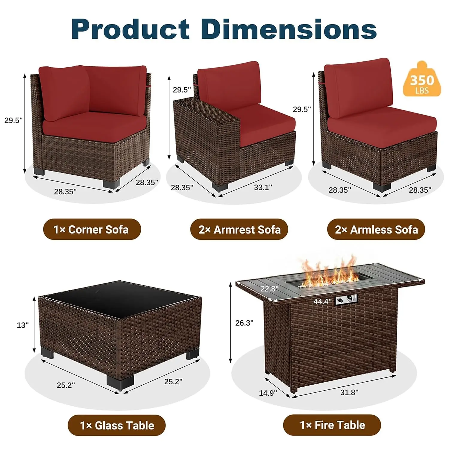 7 Piece Patio Furniture Set Fire Pit Table Outdoor Wicker Rattan Sectional Sofa Coffee Table Patio , Customized
