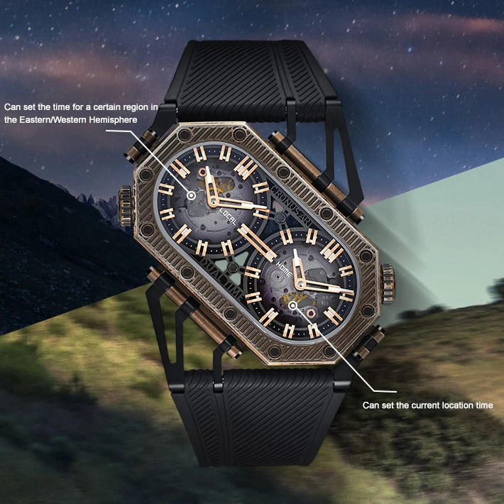 

CRONUSART мужские автоматические часы 50 мм * 29 мм прямоугольные механические наручные часы фторкаучуковый ремешок двойной часовой пояс циферблат сапфировое зеркало