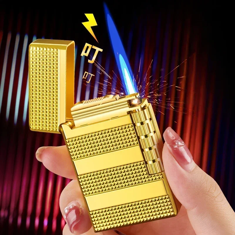 2026 Metal Windproof Bright Sound Cigar Lighter Butane Gas Lighter Grinding Wheel Side Slip Ignition Torch Lighter Men's Gift