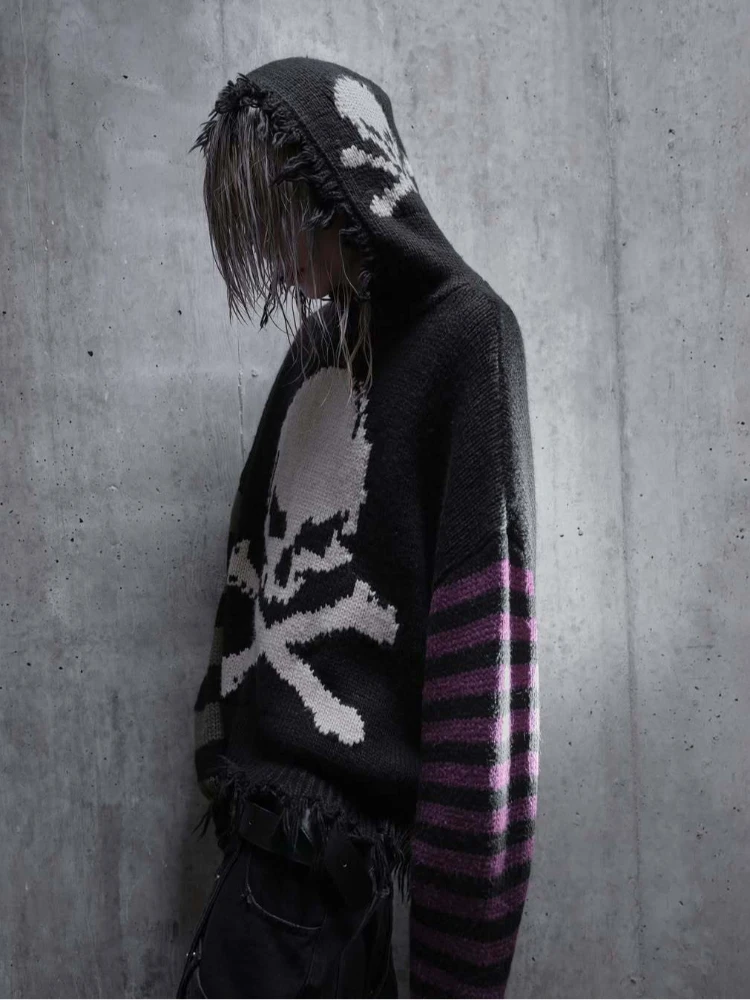 

New high street black skull print pullover with holes MMJ sweater for men and women with different double sleeves