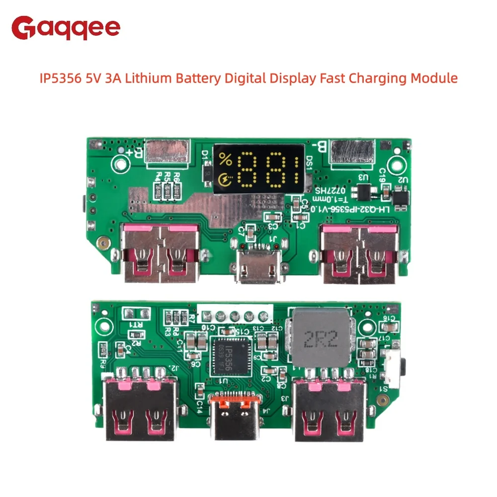 IP5356 5V 3A Lithium Battery Digital Display Fast Charging Module Supports Type-C, Micro USB, QC3.0/2.0, PD3.0, PD2.0, AFC, FCP