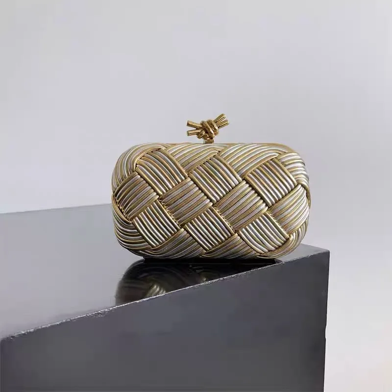 

Leather Woven Evening Bag for Women with Gold/Silver Rope Knot Handheld Rectangle aped Par Handbag