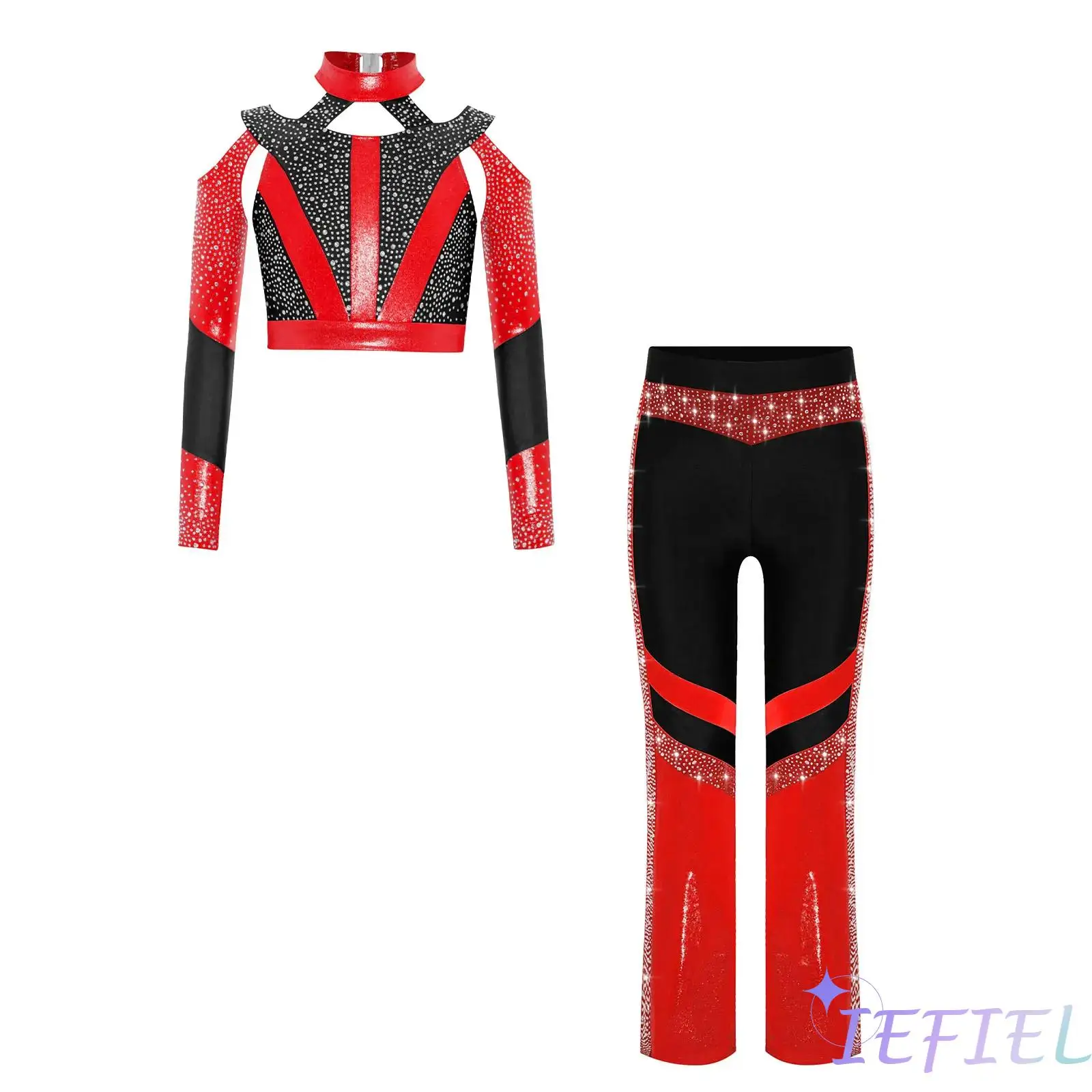 

Girls Dance Costume Long Sleeve Shiny Rhinestone Color Block Cross Back Cutout Crop Top Flared Pants for Gymnastics Acrobatics