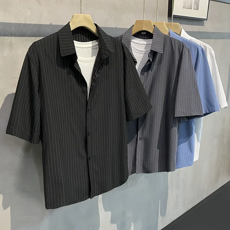 

Men's Casual Striped Short Sleeve Shirts Loose Fit Lapel Button Down Summer Tops