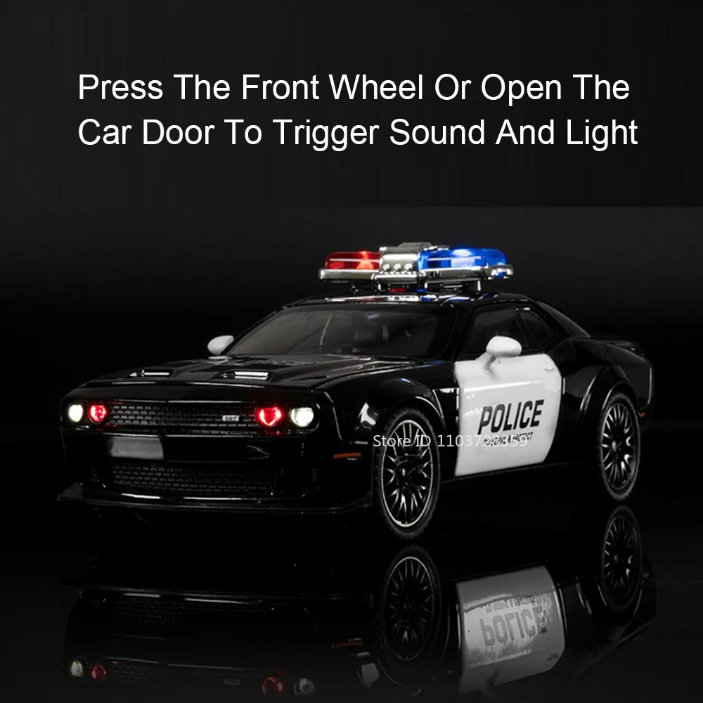 1:32 Challenger Police Car Model Toys Alloy Diecast Challenger SRT Sports Cars Sound Light Doors Opened Pull Back for Kids Gifts
