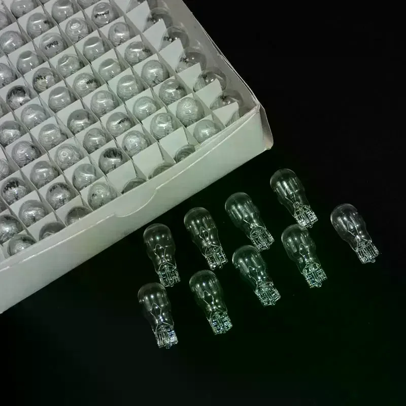 

100 шт./упак. Галогенные лампы T13, прозрачное стекло, теплый белый/янтарный свет, 10 Вт, для освещения салона автомобиля, габаритные огни, автомобильные галогенные лампочки