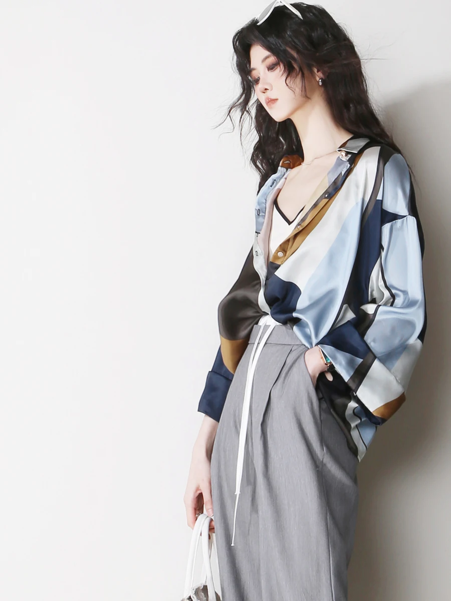 A27 Vintage bedruckter lockerer Seidenkragen irt Retro Nine Sve Länge rund Ne Regular Länge Pendeln Sle Faion Damen...