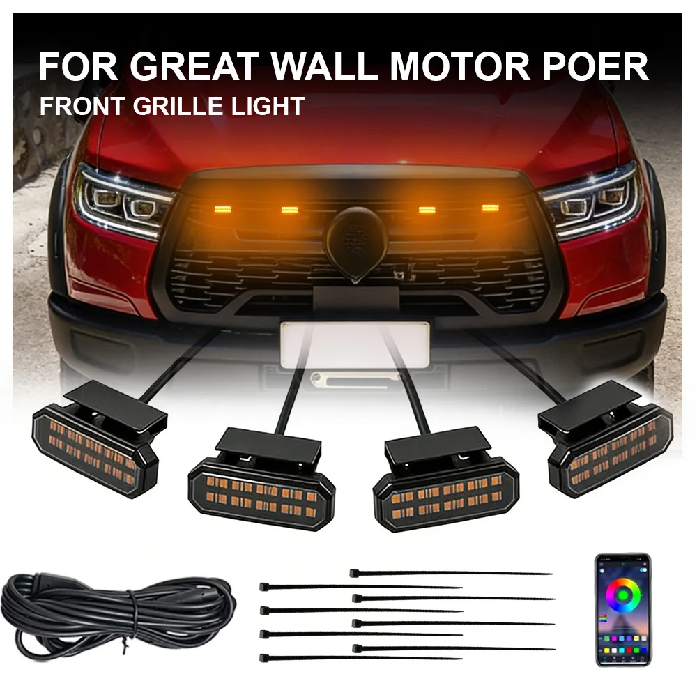 

FOR GREAT WALL MOTOR POER 4PCS front grille lights Clip-On Front Grille LED Lights Amber Lighting Kit with Fuse & Wiring Harness