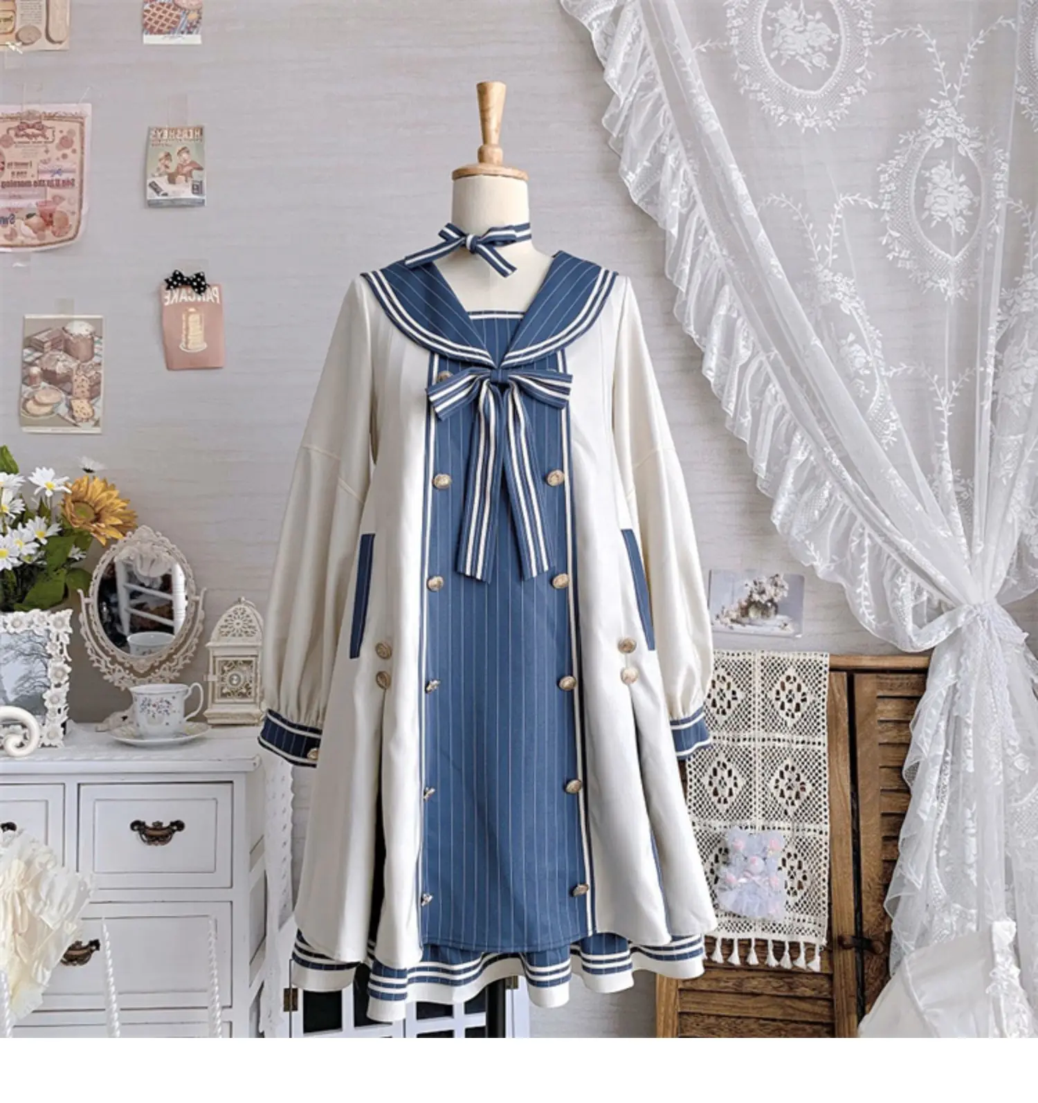 

Navy Collar Long Sleeved Dress Bow Girls Cosplay Dress Autumn Winter Japanese Girl Sweet Style Woman Lolita Dress Coat Op 2026