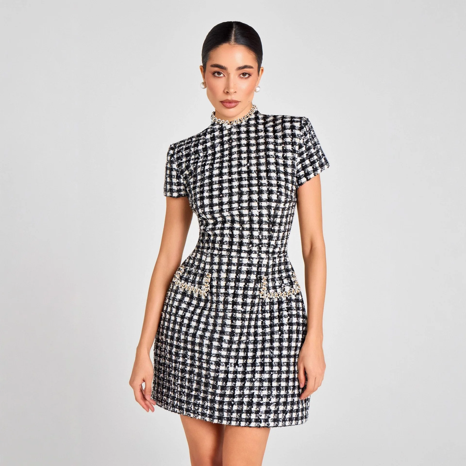 

Elegant Checkered Print Slim A-Line Dress Fashion O-neck Short Sleeve Mini Party Dress Women Casual Sequined Beaded Gowns Dress