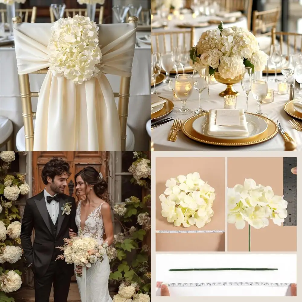 

Искусственные цветы гортензии из шелка цвета шампань с стеблями для свадебных композиций, арок и украшения сада