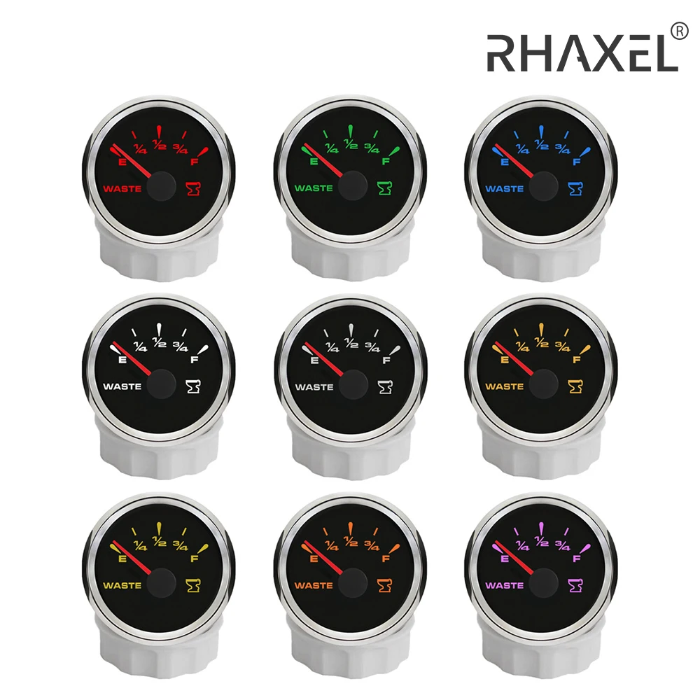 RHAXEL 52mm (2'') Waste Holding Tank Level Gauge 0-190ohm 240-33ohm with 8 Colors Backlights 12V 24V for Limousine Boat