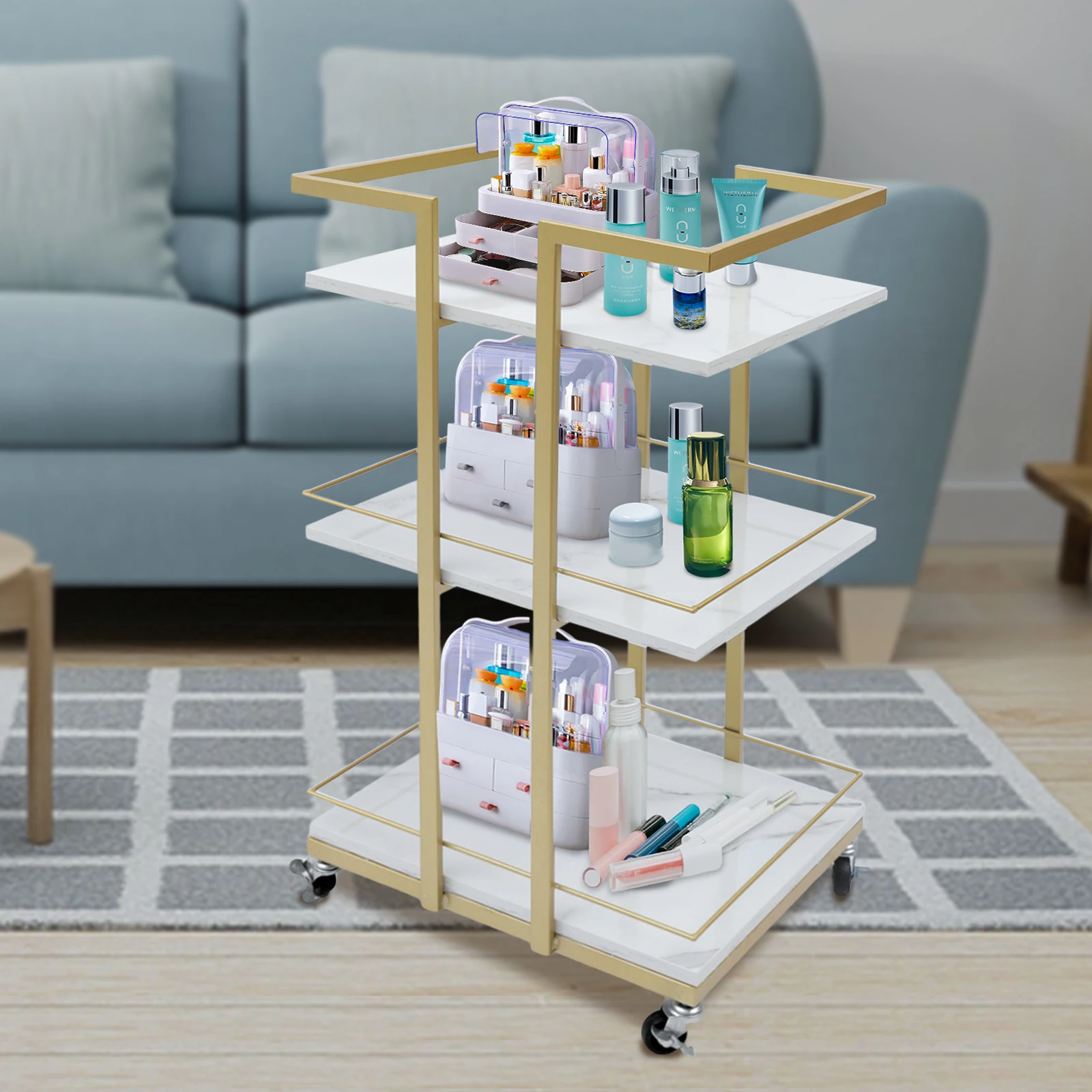 Utility Trolley 3-Tier Storage Rolling Cart Iron Wood White Gold Baking Paint with Wheels Multi-purpose for Cosmetics Snacks