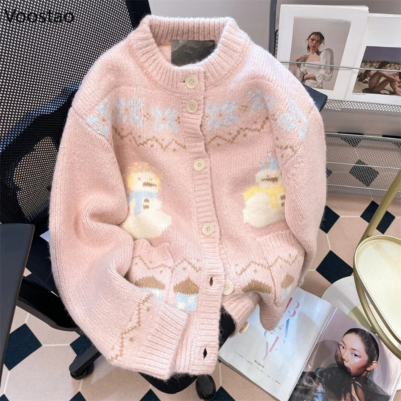 

Autumn Winter Kawaii Lolita Style Knitted Cardigan Women Sweet Cartoon Jacquard Loose Sweater Korean Female Cute Knitwear Coat