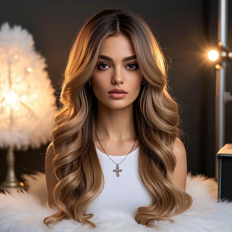 Long Wave Ombre Brown  Hair Lace Front Wigs Brown Dark Roots Glueless Wigs
