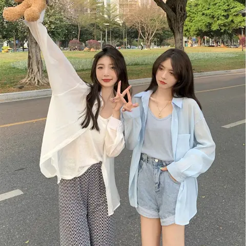 여성용 여름 자외선 차단 셔츠, 한국 패션, 심플한 단색 얇은 블라우스, 긴 소매 캐주얼 루즈 비치 셔츠, Mujer