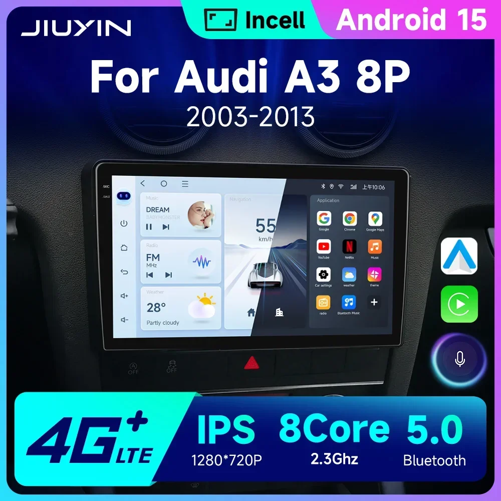 JIUYIN Android 15 Carplay 2DIN Multimedia Player GPS Navigation Audio Stereo DSP 4G for Audi A3 8P 2003-2013