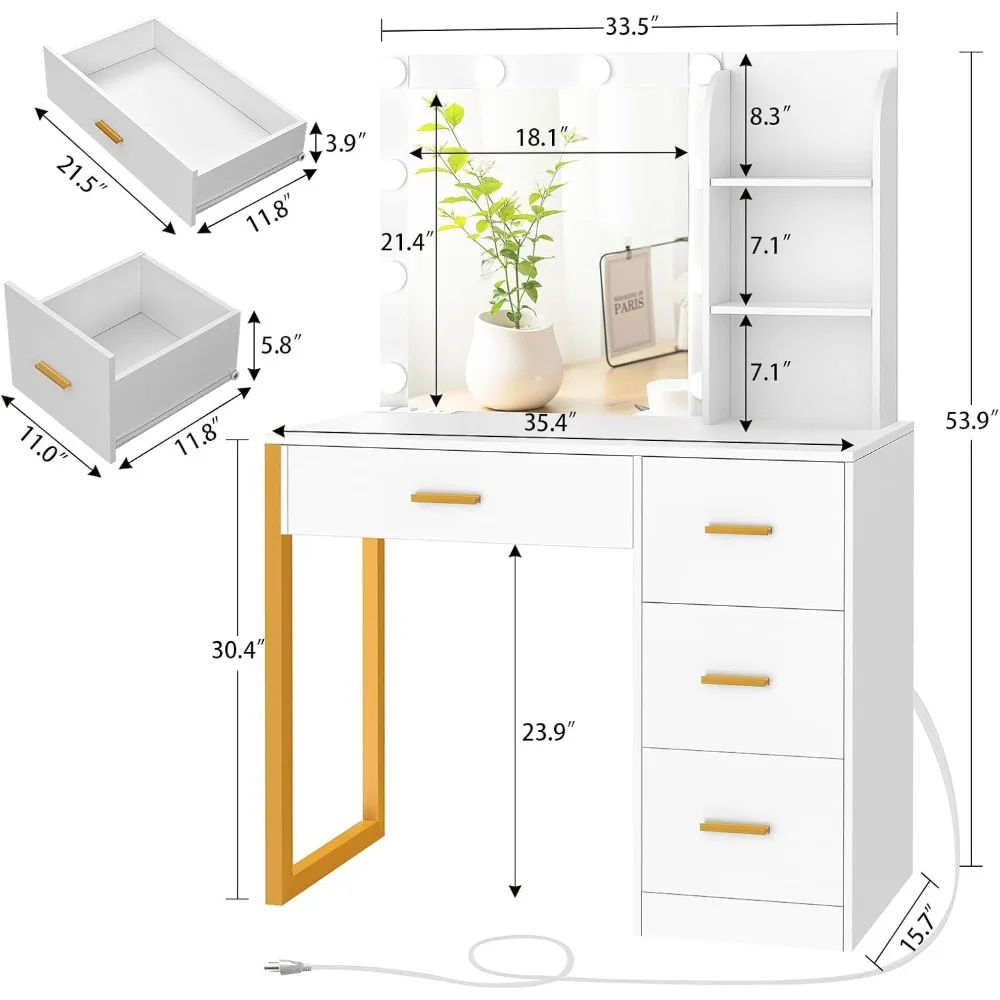 Mesa de maquiagem com espelho e luzes, penteadeira com 4 gavetas e estação de carregamento