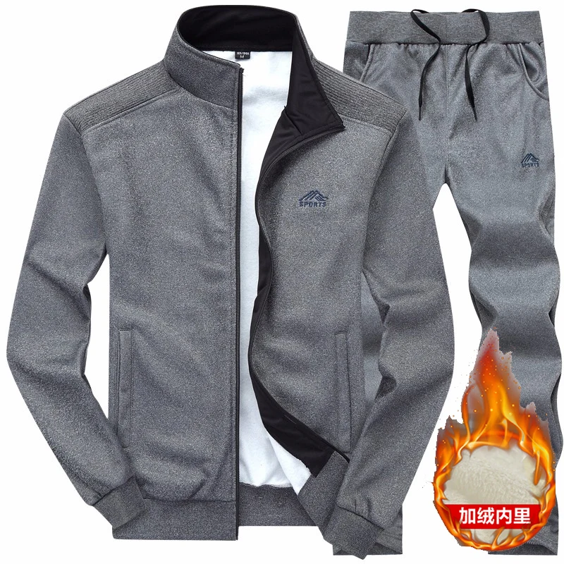 Autumn Winter Men Thick Thermal Tracksuit Fleece Lined Zipper Jacket Drawstring Pants 2‑Pcs Set Male Sports Fitness Jogging Outf
