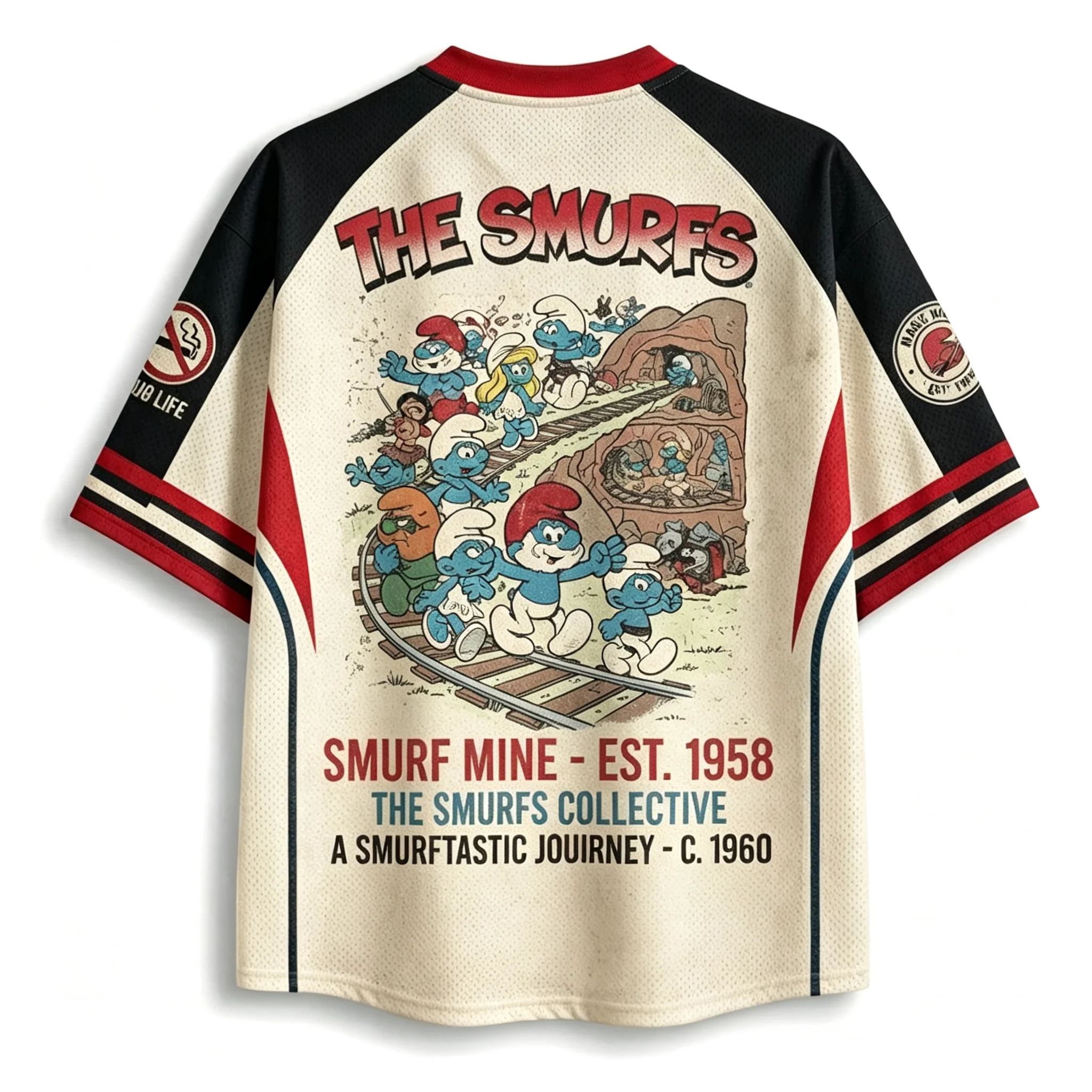 Smurfs1960 Elf Village Mesh Shirt Men's and Women's Short Sleeves Full Print Retro Cartoon Street Hip Hop Loose Role Playing Top