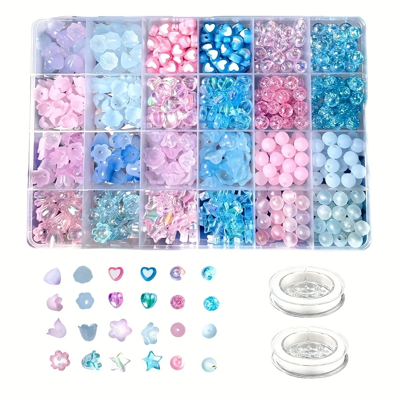 550pcs 24 Box Set of Blue Pink Series Beads Acrylic Beads, Two Rolls of Elastic Thread DIY Jewelry Making Kit