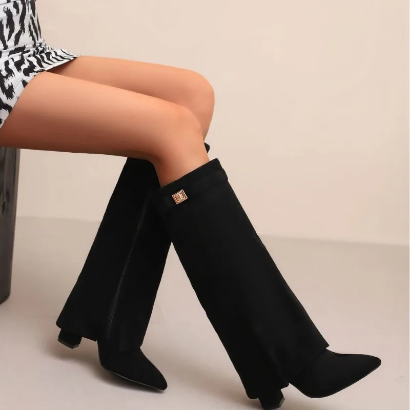 New Pointed Toe Big Tube Circumference Metal Buckle Long Boots Large Size Flock 9CM Square Heel Side Zipper Women Knee-High Boot