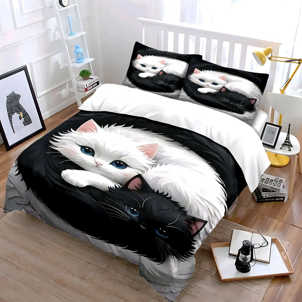 Black and white fluffy cats cuddling Bedding Set for Kids Luxury Gift 3pcs Digital Print Comforter Set Soft Comfortable
