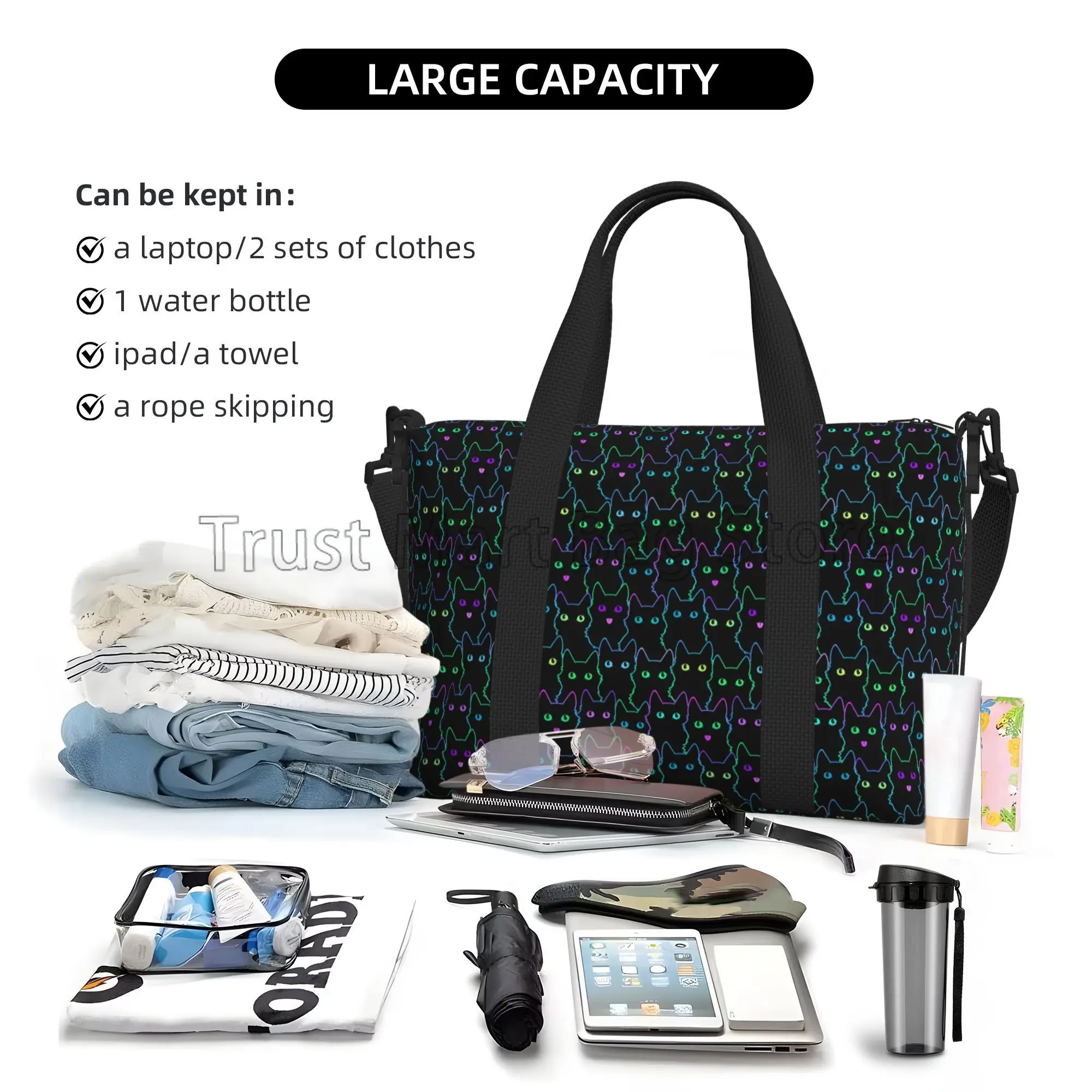 Black Cats Travel Duffel Bag para mulheres, Weekender Bag com alça de ombro, Sports Gym Overnight Bags, personalizado, bonito dos desenhos animados