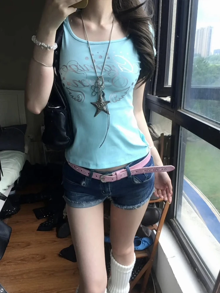 Genayooa Japanisches Y2k-Print-T-Shirt für Damen, kurzärmelig, schmale Crop-Tops, amerikanische Retro-Grafik-Tops, Streetwear, 2000er-Jahre-Fairycore-T-Shirt – Detail 5