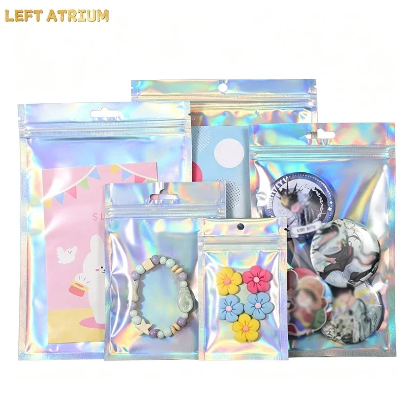 300Pcs Holographic Zip lock Bags Iridescent Rainbow Resealable Plastic Pouch For Jewelry Badge Small Gifts Packaging Storage