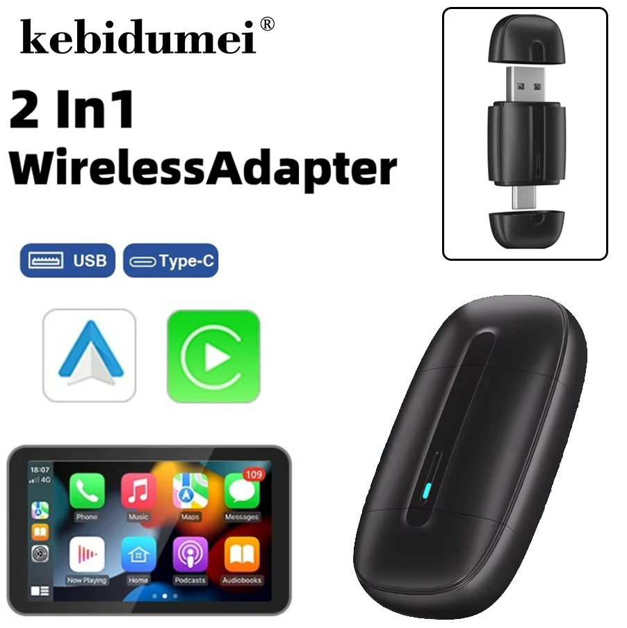 

2 in 1 Wireless Carplay Adapter for Android iPhone Mini AI Box Double Head USB/Type-C Wired to Wireless Android Auto Adapter