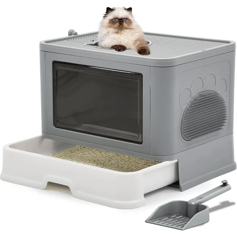 

Large Enclosed Cat Litter Box with Lid Cover, Hooded Odorless Cat Toilet with Litter Scoop Cat Self Groomer Deodorizer Filter