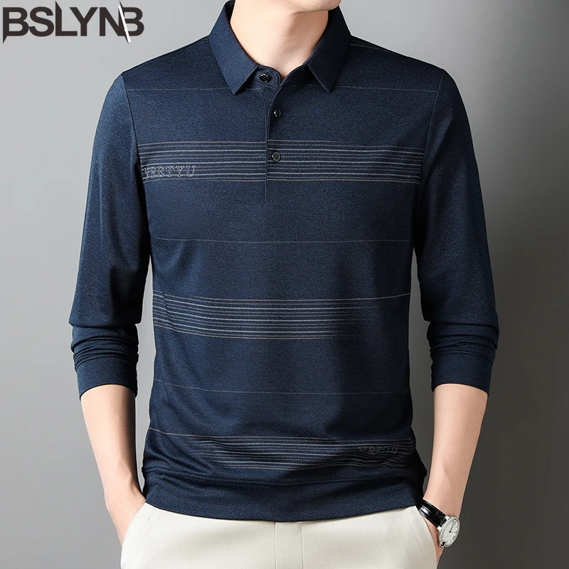 

Brand Men's Casual Long Sleeve Polo Shirt Male Stripe Button Collar Tee Shirt Tops