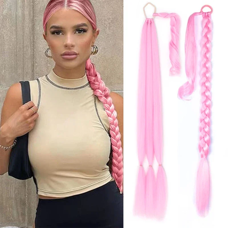 

Pink Colored Braided Ponytail Extensions Synthetic Long Black Rubber Band Hairpiece Pony Tail with Hair Tie for Women