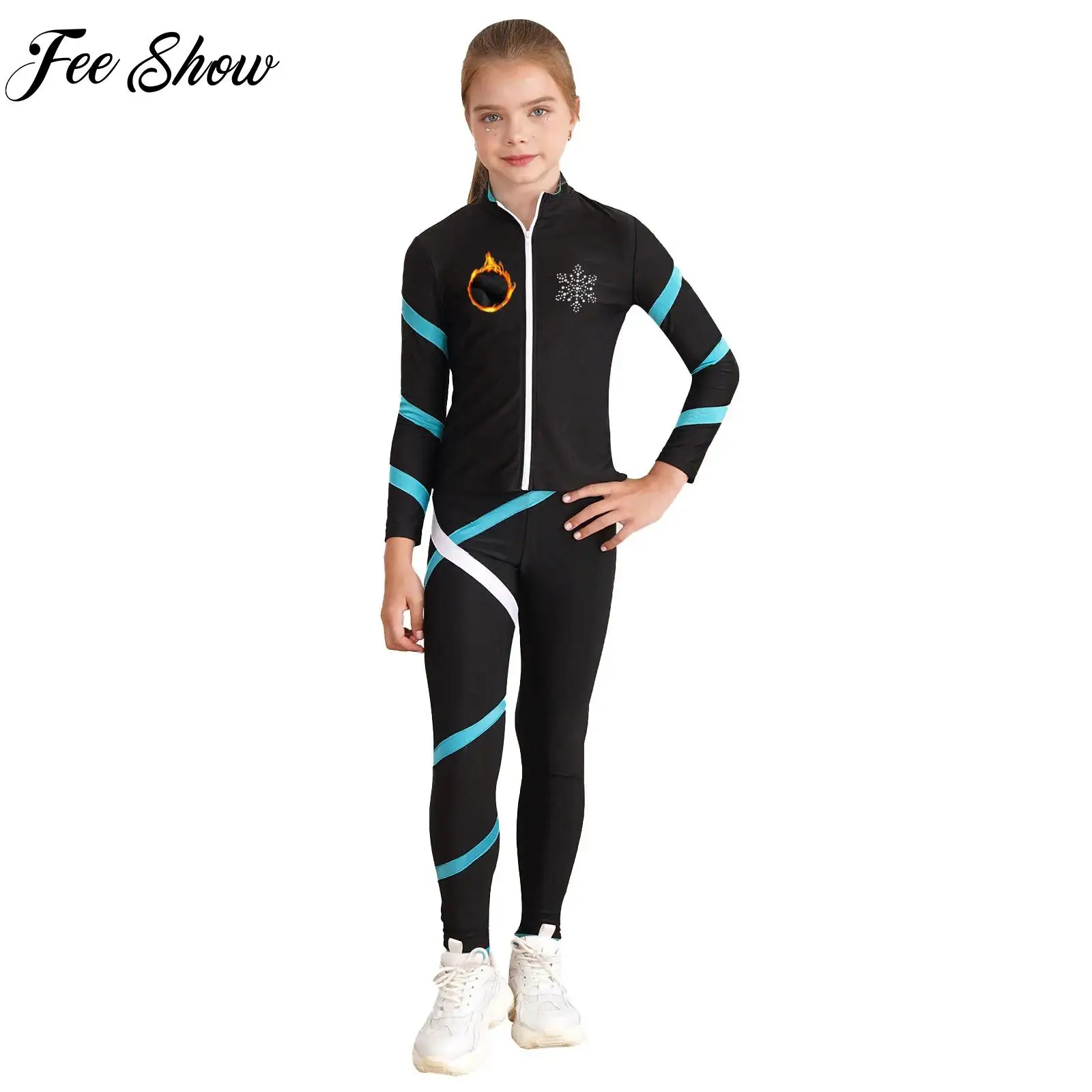 New Girls Figure Skating Gym Color Block Sports Set Outfits Long Sleeve Zipper Jacket with Legging for Stage Yoga Dance Workout