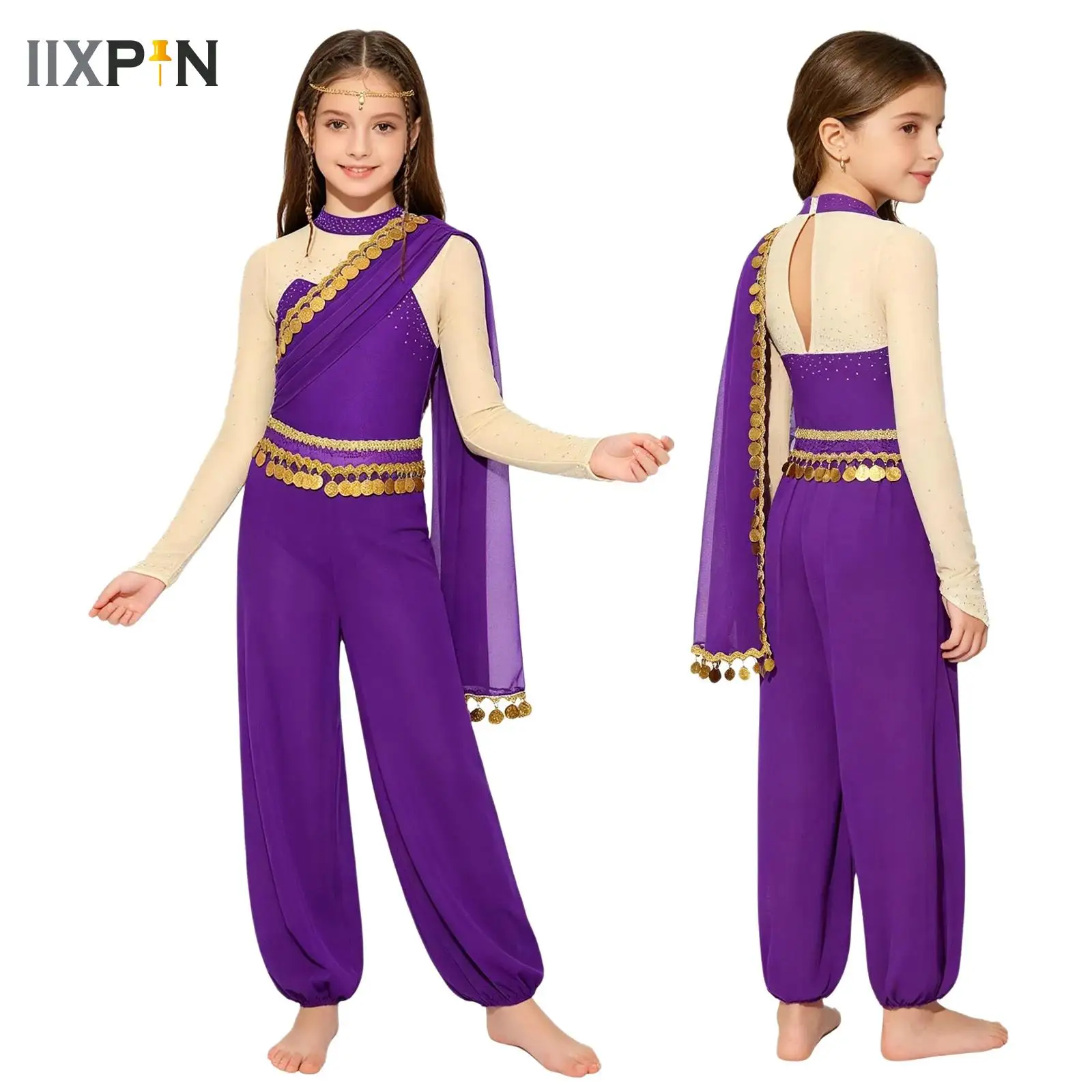 

Belly Dance Jumpsuit for Kids Girls Arabian Princess Costume Halloween Carnival Party Rhinestone Sequins Tassels Bodysuit